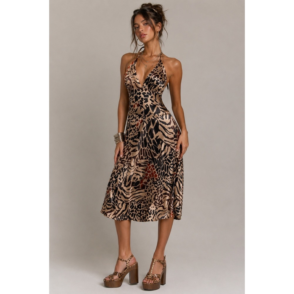 Charlotte Russe Animal Print Satin Babydoll Halter Dress‎ M Brown Y2K Indie Glam